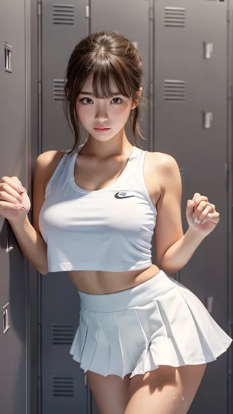 Product quality,1 girl,tennis Club,Cowboy Shot,Young and cute Japanese,((locker room:1.2)),White tennis wear,White ultra-short pleated skirt,Very cute face,Glossy Lips,Beautiful big eyes,Brown eyes,Double eyelids on both eyes,(Natural Makeup),shiny smooth ...