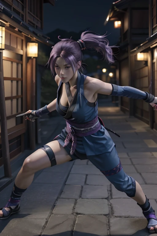 Highest quality,Ultra HD,Best AI Images, Full body photo,(beautiful face like a Japanese actress), ((Purple Hair))，Very detailed vfx portrait of, Female Ninja, Japanese kunoichi, cgsociety and Zhong Feng Hua, Covert behavior, Female Ninja, ((Scene of fight...