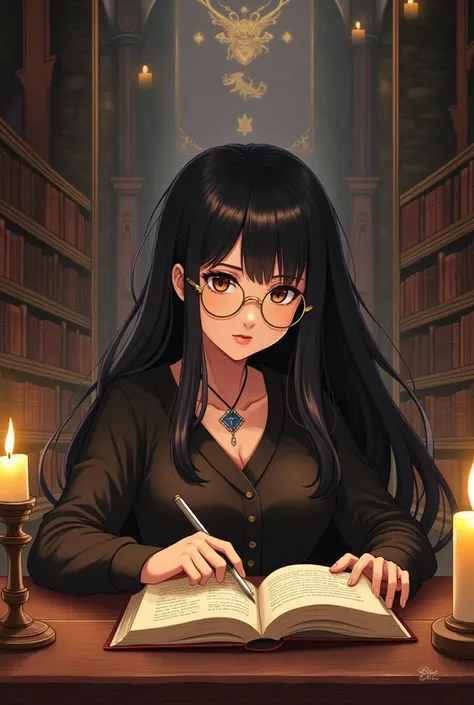 Woman with long dark hair, dark brown eyes with black eyeliner,  gold glasses, stud earrings studying at Hogwarts anime style