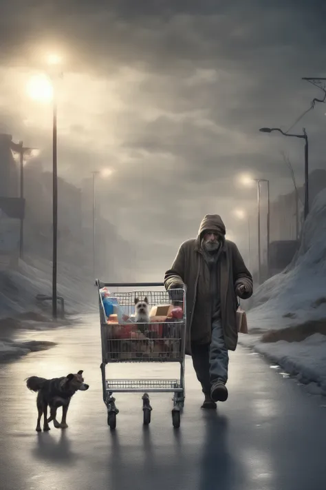 a homeless man wandering with his shopping cart and accompanied by his dog at the end of the world. surreal. cinematographic lig...