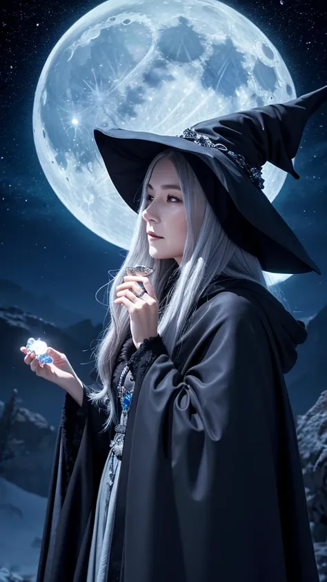 "An old witch with long gray hair, holding a crystal, facing look forward, wearing a dark blue cloak and hat, with a background of the blue moon."