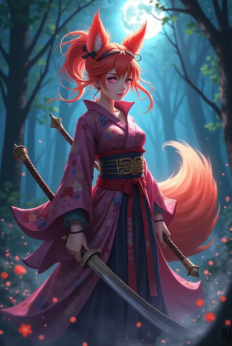 In the world of Demon Slayer、Wearing a kimono and using the Breath of the Demon. Japanese, with fox-colored hair and rainbow eyes.
