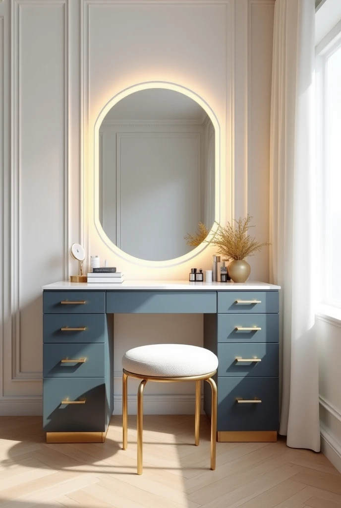 Professional 3d architecture rendering design of modern and gold French design for matte white  and dark blue makeup table with beautiful mirror and white wall and elegant accessories and white mirror and light so light wooden laminate floor 