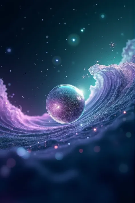 A captivating image of a dualistic wave-particle, with a vibrant, abstract wave form intertwining with a solid, gleaming particle. The background should be a deep, cosmic blue with twinkling stars. The overall mood should be mysterious and thought-provokin...