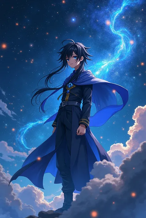 put the name: (The Eminent Divine Spirit), written in the drawing. Create a character, HUMAN TEENAGE MALE WITH NORMAL EARS with JAPANESE ANIME style drawing features, IN a cosmic environment, long black hair with a cobalt blue streak in one hair, cobalt bl...