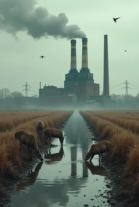 An image of a factory polluting the water and then dumping that dirty water outside, and that dirty water being consumed by animals and that dirty water going to the crops.