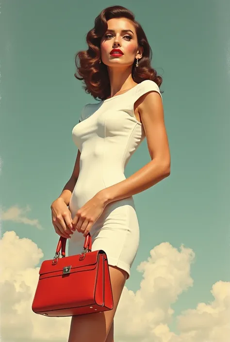 Photho of a woman in a white dress holding a red purse, style, pin-up art, vintage pin up, girl pinup, pinup girl, pin-up poster girl, pin up girl, pinup, pin - up girl, Detailed face, Detailed Hands, Detailed legs, panty white