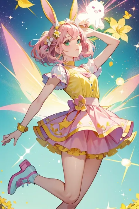  Bree is a light pink bunny with dark pink hair and bunny ears She wears a yellow top with a flower design and has a pink skirt with a flower design. She comes with a yellow headpiece and green shoes. SPARKLE; GLITTER