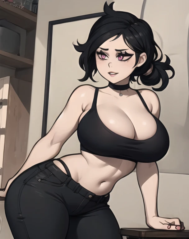 (best quality), (masterpiece), 1 girl, early 20s, huge heavy breasts, busty, perky breasts, thick, thick lips, wide hips, thin waist, ashleygraves, pink eyes, low pony tail, black hair