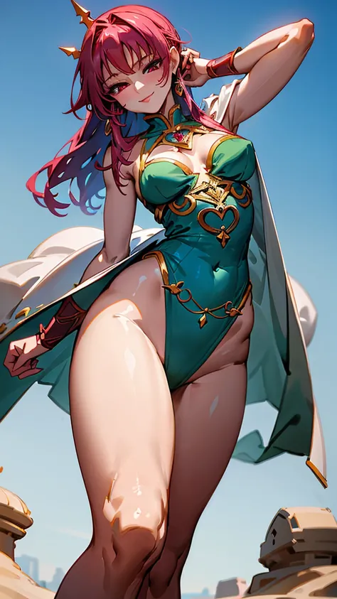 Giantess ((Morgiana from Magi)) powerful and graceful (masterpiece best quality) calm smile, eyes filled with quiet strength (real picture intricate details) (1 lady solo tall and athletic figure) long red hair, bright pink eyes (tight dancer outfit, empha...