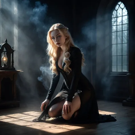 alluring blond woman with long hair, kneeling, blue eyes, pale skin, aesthetic body, hourglass figure, fit, wearing dark transparent clothing, sharp and delicate facial features, interplay of light and shadows, surreal, magical, mystical, generous and welc...