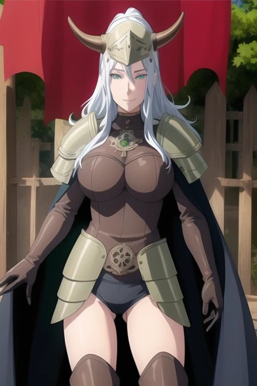 (high quality:1.2), intricate detailed, colorful,
VanessaCromwell, 1girl, mature female, solo, cowboy shot,
looking at viewer, determined,
white hair, long hair, green eyes, smile 
armor, breastplate, shoulder armor, sexy pose, bodysuit, horned helmet, glo...