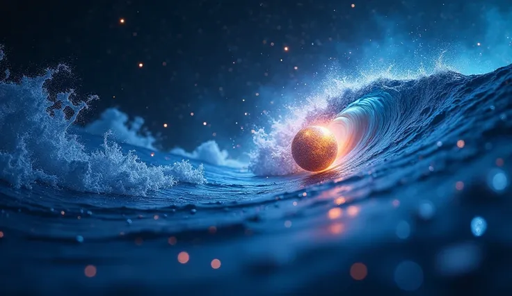 A captivating image of a dualistic wave-particle, with a vibrant, abstract wave form intertwining with a solid, gleaming particle. The background should be a deep, cosmic blue with twinkling stars. The overall mood should be mysterious and thought-provokin...