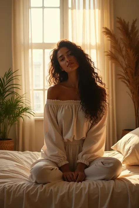 (photorealism:1.2), beautiful woman, sitting on bed, wearing loose off-shoulder top, pajama pants, long curly hair, indoors, soft lighting, plants in background, window with sunlight, cozy room, relaxed pose, realistic, intricate details, warm colors, by G...