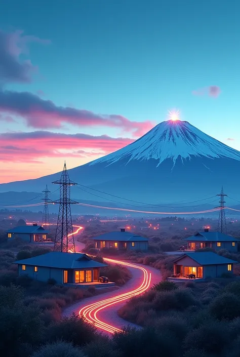 Image for a fiber optic internet ad, showing a house next to many others with internet connection, with a background landscape of volcanoes in all their colors, but with red and white predominating. The fiber optic cable should be seen running to the house...