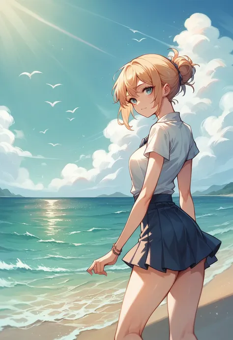 1  girl,solo,blue sky, ocean, short skirt, (very detailed background:1.0), (highly detailed background:1.0),