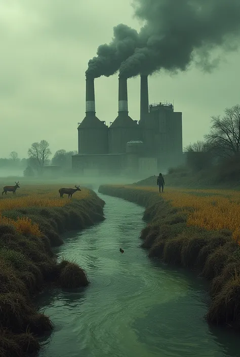 An image of a factory polluting the water and then dumping that dirty water outside, and that dirty water being taken by animals, and that dirty water going to crops, and also being taken by humans.