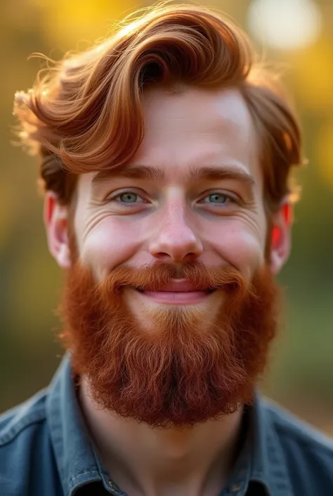 The face of a young red-haired man, with red beard, serene gaze and clear blue eyes. short-hair, fine nose, bushy eyebrows, Round face 