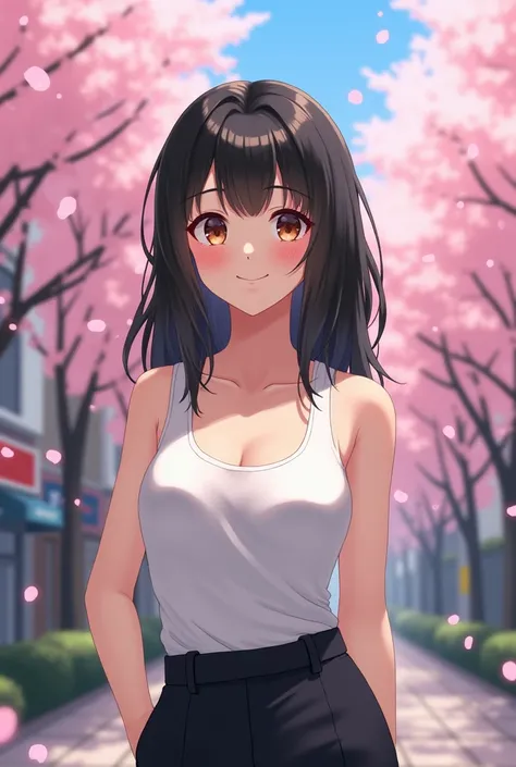 Black hair in Japan person、Brown eyes、C cup breasts、Fair skin、Medium build、White tank top、Black Pants、cute