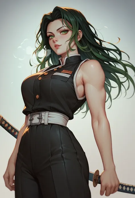 girl, demon slayer uniform, detailed. breathing style: lanterns. unusual hair, skin defect. katana. tall