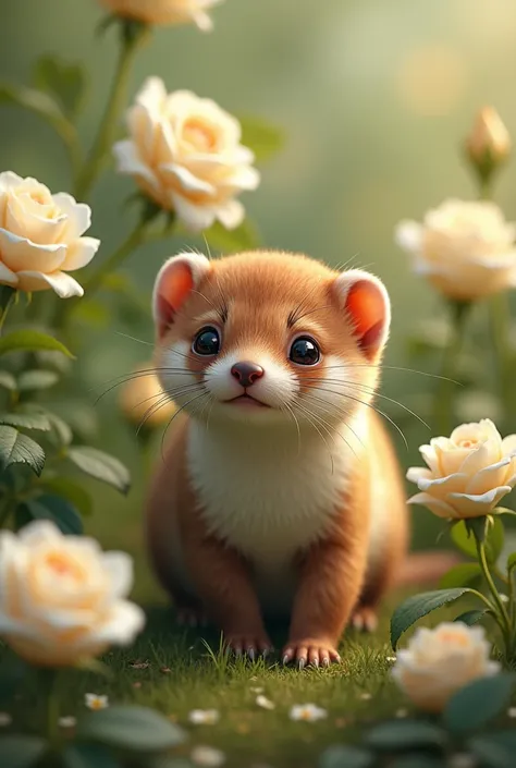 realistic weasel with white Roses 