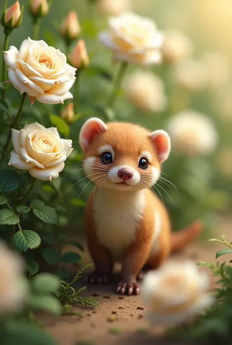 realistic weasel with white Roses 