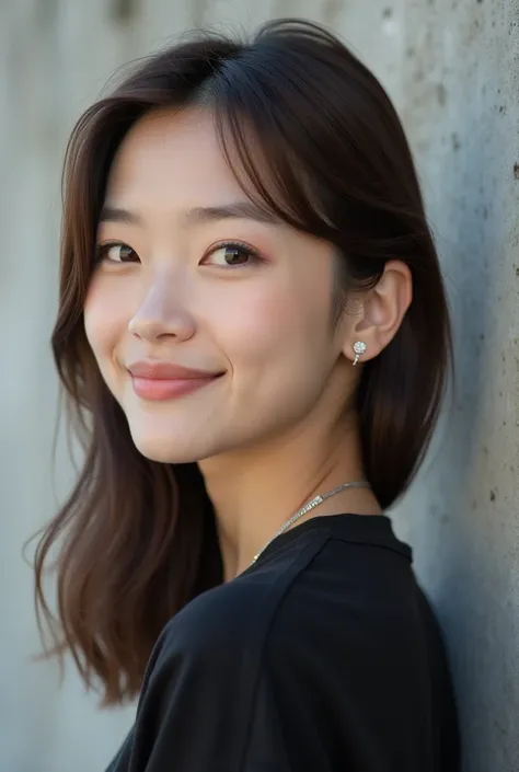 A beautiful Japanese woman who looks like shes half-Japanese、Sharp features、Big eyes、Fine, glossy hair、Collarbone-length hair、Thready hair、Brown hair color、Smooth and straight hair、Body turned slightly towards the camera with direct eye contact、Smiling Kin...