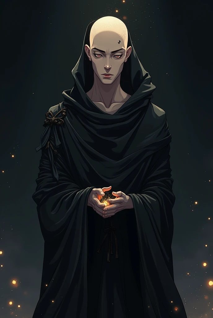 A hairless man in black rags with references to alchemy , black background anime version that conveys peace and tranquility 