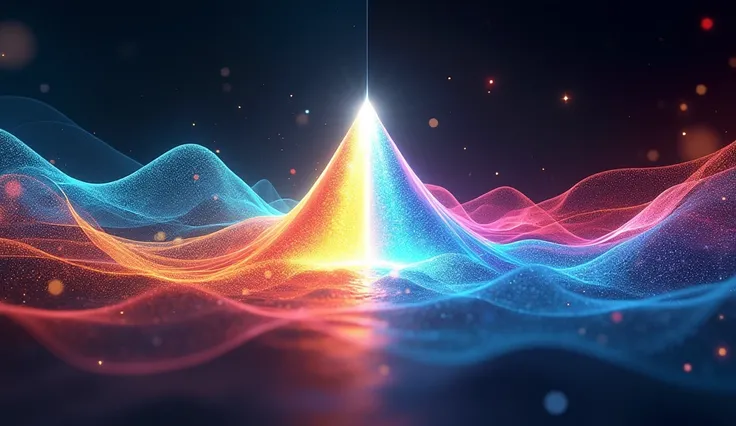 "Surreal split image: left side shows a vibrant, colorful wave pattern representing light as a wave, right side depicts light as glowing particles. Central dividing line formed by a prism splitting white light into a rainbow. Futuristic quantum physics sym...