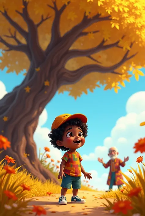 In cartoons a child Mateo with black skin.He saw an old man waving to him in the distance