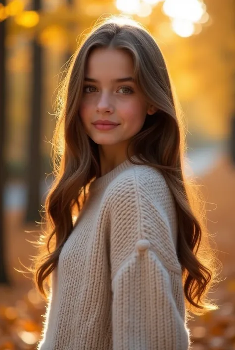 Girl, long brown hair, brown eyes, sharp features, white skin, pink lips, perfect, sweater