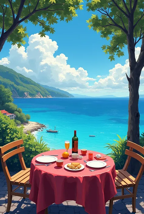 practical, Real Life, Beautiful breakfast table by the water，background：Greg Rutkowski, Laurie Greasley&#39;style, Studio Ghibli, Pixiv Trend Fan Club, Acrylic palette knife, 4K, (Vibrant colors), (Bright color contrast),  ArtStation Trends  