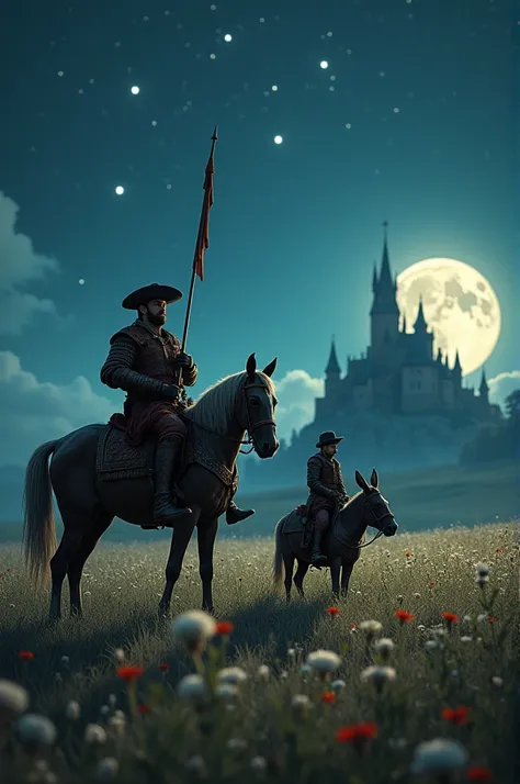 Don Quixote and Sancho Panza mounted on horseback under the moonlight in a meadow with a castle on the horizon. 