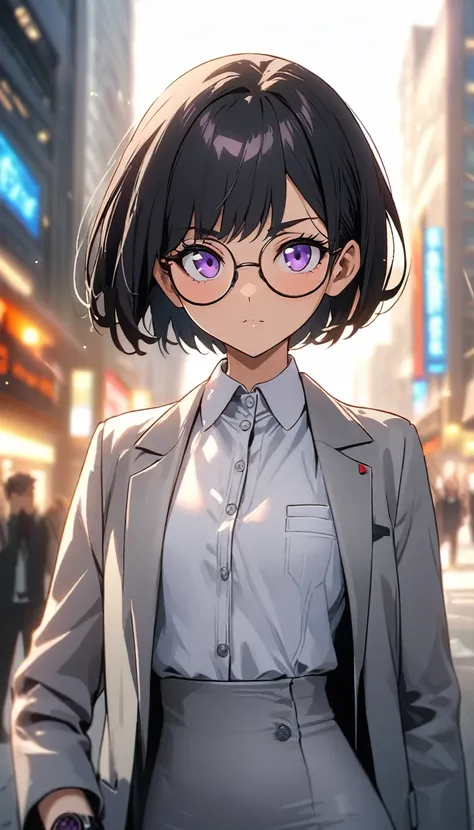 Highest quality、Best image quality、masterpiece、Anime Style、a girl、Beautiful Eyes、black hair, purple eyes、pixie cut、(flat chest)、slender、Tight waist、Round Glasses、gray suit, skirt, Office Lady、noon、Outdoor、upper body, Natural light、Shallow depth of field、lo...