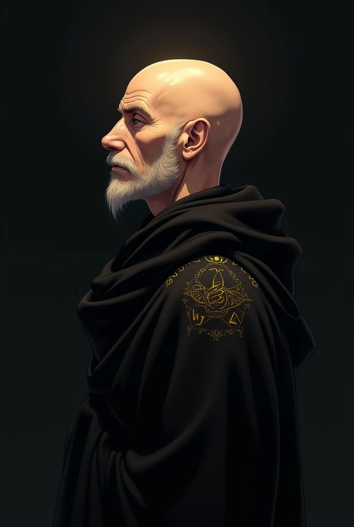 Profile picture: A bald man, black rags with references to alchemy , with black background. anime version that conveys peace and tranquility 