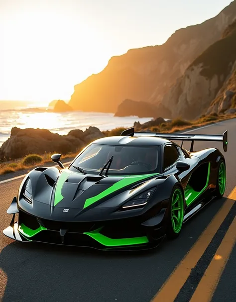 Image features a highly modified sports car parked on a coastal road with a rocky shoreline and ocean in the background. The car has a sleek, aggressive design with a wide body kit, large rear wing, and low stance. It is predominantly black with vibrant gr...