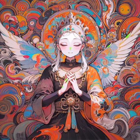 shakyamuni buddha、psychedelic 、paradise、joining hands in prayer、love、mercy、halo、smile、zazen、hair