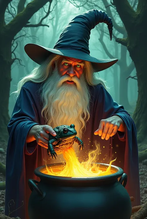 Old wizard with long hair, white, bright green eyes with a long hat, throwing a black toad into a big cauldron, com a frase fuck the system