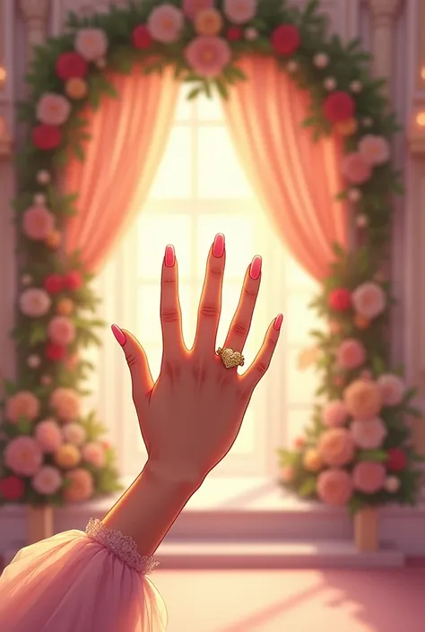 A womans hand with 5 fingers wearing a ring, one ring,The scenery in the webtoon wedding hall is titled Marriage Play
