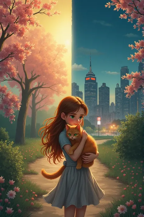 lonely girl hugging a cat and she chooses two ways whether peace and big city 