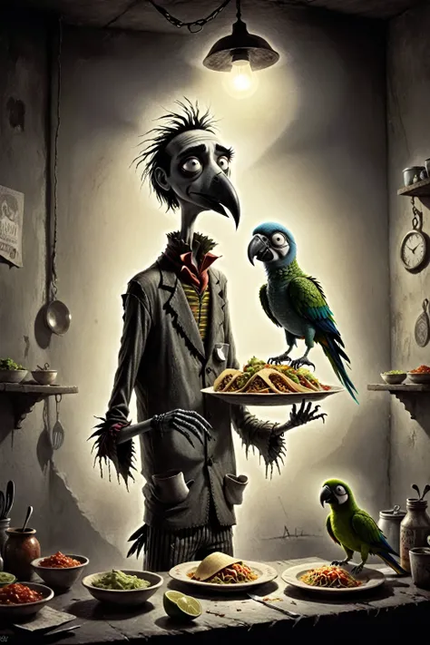 a mexican taco vendor preparing the dishes with a parrot on his shoulder, a somber and very surreal tone, in the style of tim bu...