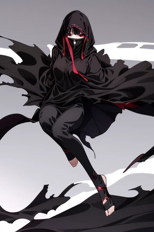 NNAssassinFSF, 1girl, solo, median breasts, black hair, red eyes, long cape sleeves, sleeves covered hands, no hands, dress, long cape, cape, black cloak, hood up, black robe, covered mouth, hooded cloak, ((masterpiece, best quality)) room, spinning 