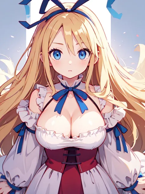 flonne (angel), long hair, large breasts, innocent face, breast focus, blue ribbon, blue eyes, deep cleavage