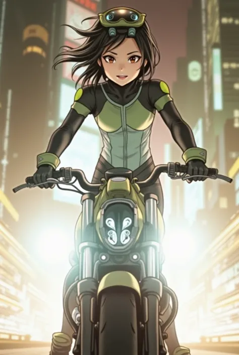 Maximum image quality, outstanding details, ultra high resolution, (Realism: 1.4), the best illustration, favor details, 1 very condensed girl, with a delicate and beautiful face, dressed in a black and green wick, wearing a mecha helmet, with black hair a...