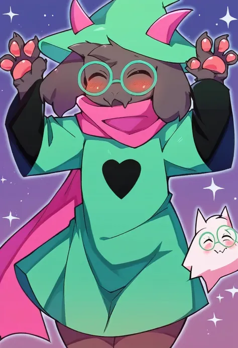  (score_9, score_8_up),furry, fur, face, Ralsei(deltarune), goat, dark fur, pink horns, black sleeves, cute, green glasses, hat, green shirt, standing, arms up with his hands doing the L sign,pink scarf,closed eyes, happy, smug face, bending over, wide hip...