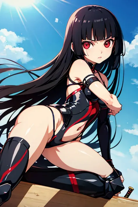 a bit, Warrior Girl, Black high leg swimsuit, sword,armor、Enma Ai