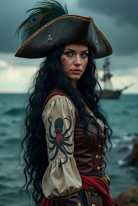 A woman of 1,60 meters, with long wavy black hair, with a pirate outfit, a pirate hat with a peacock feather, a octopus tattoo on the right hand, amber cat eyes, with a scar on the left cheek 

