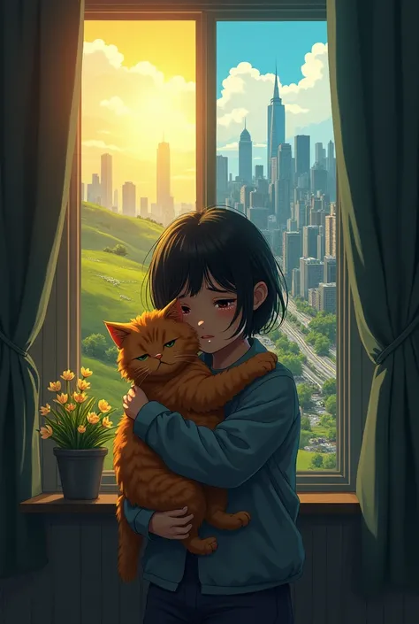 lonely girl crying hugging a cat and she chooses two ways whether peace and big city