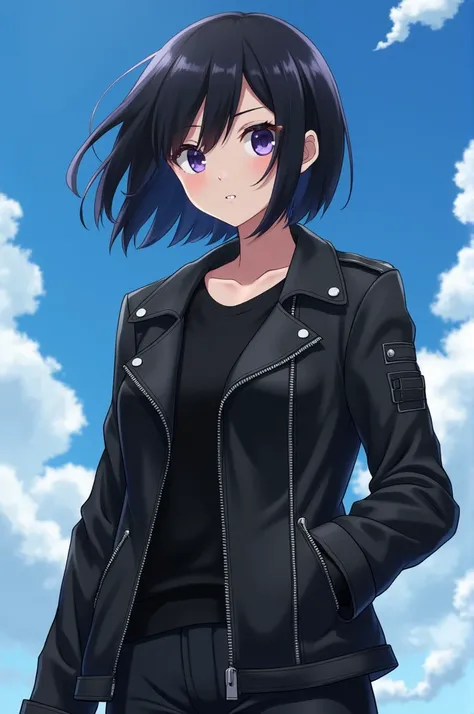 anime adult female with short black hair wearing a leather jacket and holding a cigarette with a blue sky as a background