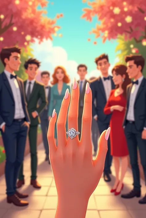 A womans hand with 5 fingers wearing a ring, one ring,The scene of many male grooms in a webtoon wedding titled Marriage Play
